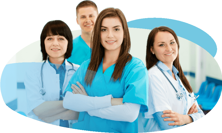 4 doctors holding hand and looking at camera