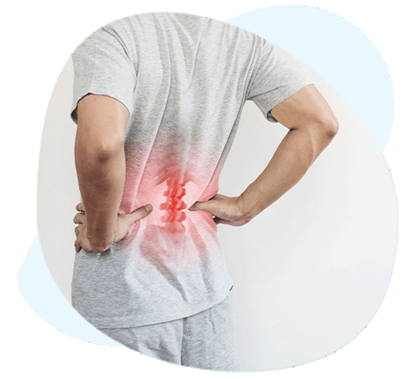 man rubbing his back due to back pain and spine is highlighted