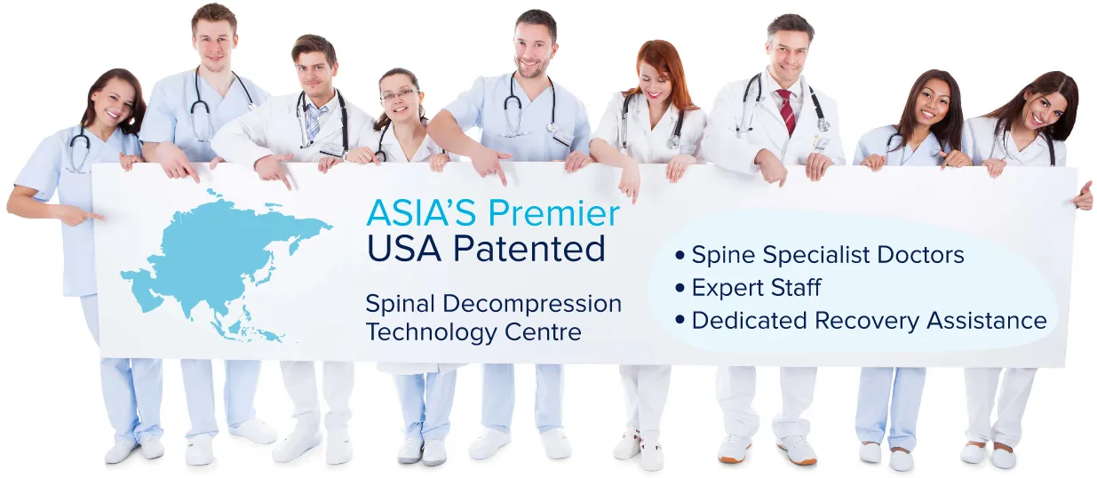 9 doctors pointing to a banner of spinal decompression technology centre
